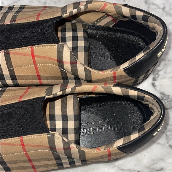Burberry Beige and Black Plaid Slip-Ons